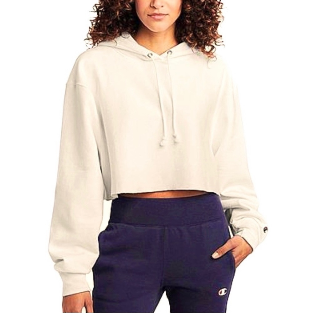 Champion Hooded Sweatshirt Chalk White Reverse Weave Crop Hoodie Size Large